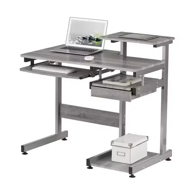 Bureau de Travail Informatique Complet Gris : Avec Tiroir, Cadre en Acier, Surface en MDF