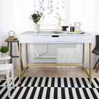 Bureau intelligent Néorustique avec ports USB Blanc/Naturel : Construction en bois dur, assemblage facile