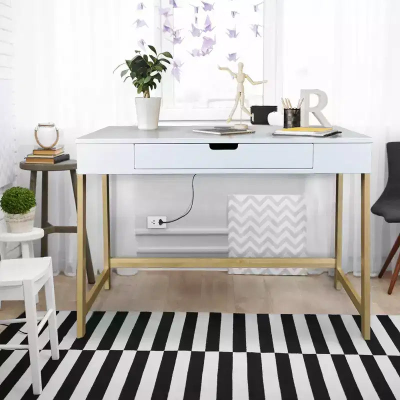 Bureau intelligent Néorustique avec ports USB Blanc/Naturel : Construction en bois dur, assemblage facile