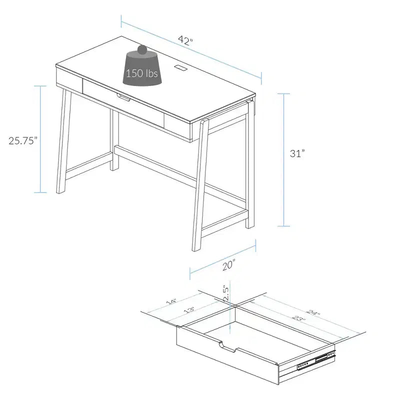 Bureau intelligent Néorustique avec ports USB Blanc/Naturel : Construction en bois dur, assemblage facile