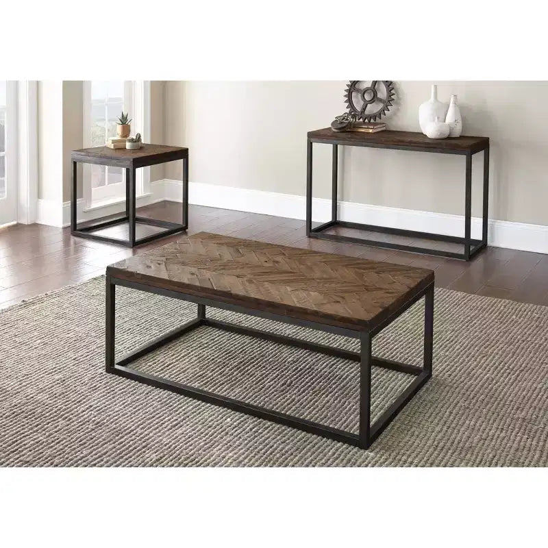 Table basse métallique Lorenza Cocktail marron : bois d'acacia, motif à chevrons, base en nickel vintage