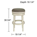 Tabouret de bar pivotant Oliver Wood blanc vieilli 77,5 cm de haut, coussin rond gris traditionnel avec repose-pieds pour comptoir de cuisine