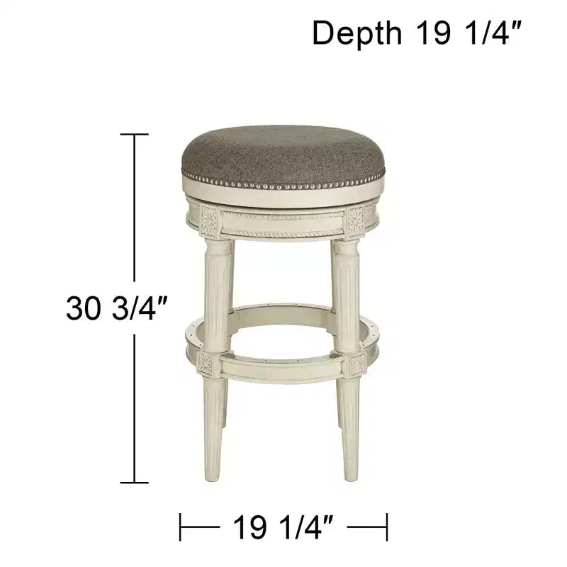 Tabouret de bar pivotant Oliver Wood blanc vieilli 77,5 cm de haut, coussin rond gris traditionnel avec repose-pieds pour comptoir de cuisine