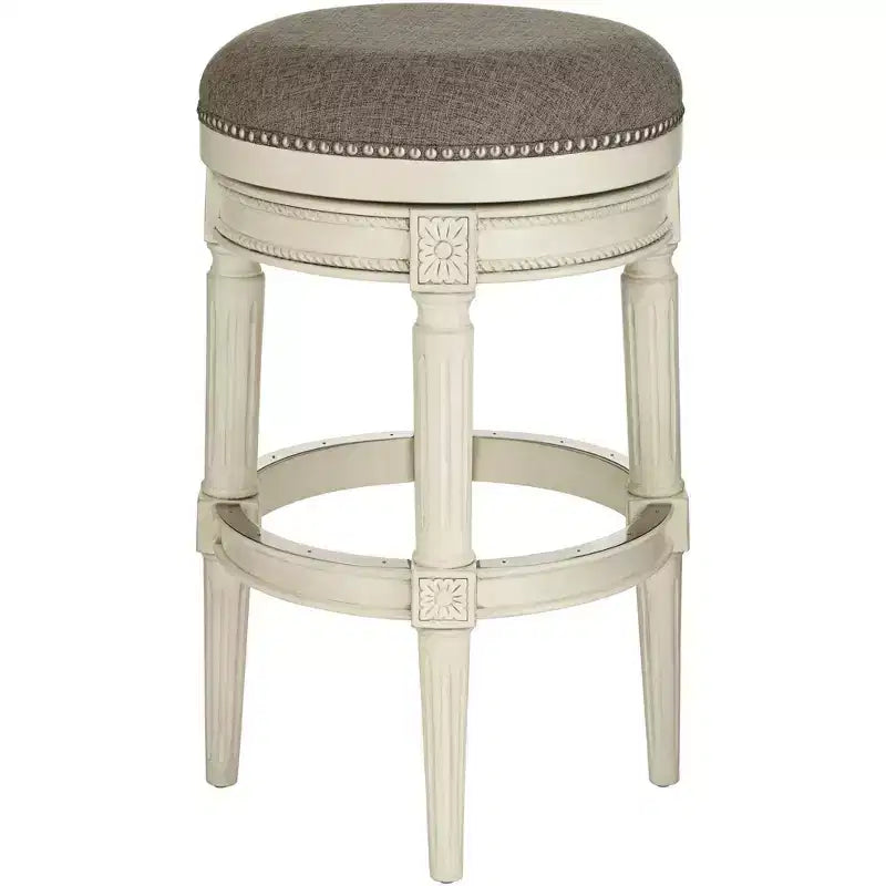 Tabouret de bar pivotant Oliver Wood blanc vieilli 77,5 cm de haut, coussin rond gris traditionnel avec repose-pieds pour comptoir de cuisine