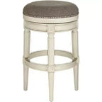 Tabouret de bar pivotant Oliver Wood blanc vieilli 77,5 cm de haut, coussin rond gris traditionnel avec repose-pieds pour comptoir de cuisine