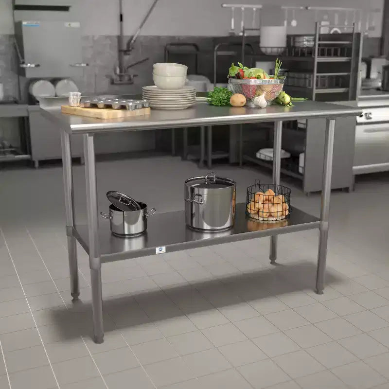 Table de préparation et de travail en acier inoxydable de calibre 18 avec dosseret et tablette, NSF