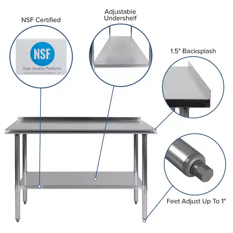 Table de préparation et de travail en acier inoxydable de calibre 18 avec dosseret et tablette, NSF