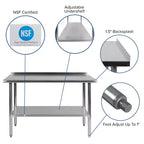 Table de préparation et de travail en acier inoxydable de calibre 18 avec dosseret et tablette, NSF