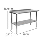 Table de préparation et de travail en acier inoxydable de calibre 18 avec dosseret et tablette, NSF