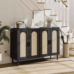 Sideboard Buffet Cabinet, 4 Rattan Doors Accent Storage Cabinet with Adjustable Shelves for Living Room