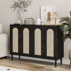 Meuble de buffet, armoire de rangement d'appoint à 4 portes en rotin avec étagères réglables pour le salon