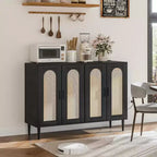 Meuble de buffet, armoire de rangement d'appoint à 4 portes en rotin avec étagères réglables pour le salon