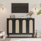 Meuble de buffet, armoire de rangement d'appoint à 4 portes en rotin avec étagères réglables pour le salon