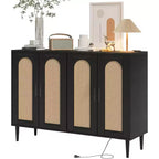 Meuble de buffet, armoire de rangement d'appoint à 4 portes en rotin avec étagères réglables pour le salon