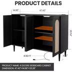 Meuble de buffet, armoire de rangement d'appoint à 4 portes en rotin avec étagères réglables pour le salon