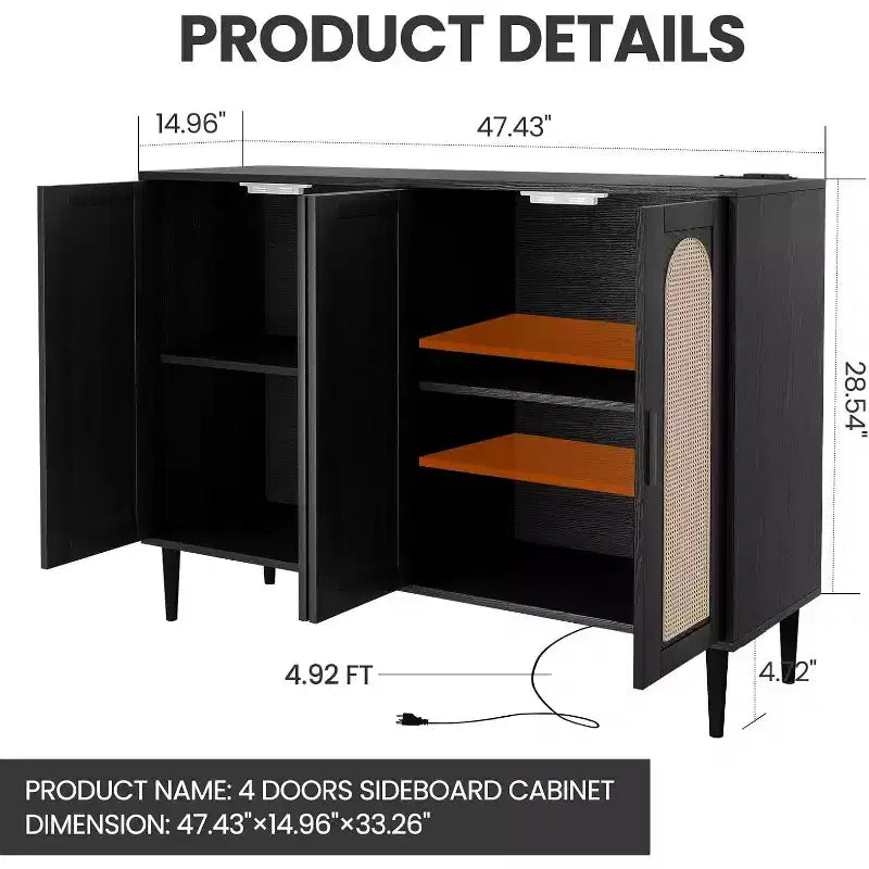 Meuble de buffet, armoire de rangement d'appoint à 4 portes en rotin avec étagères réglables pour le salon