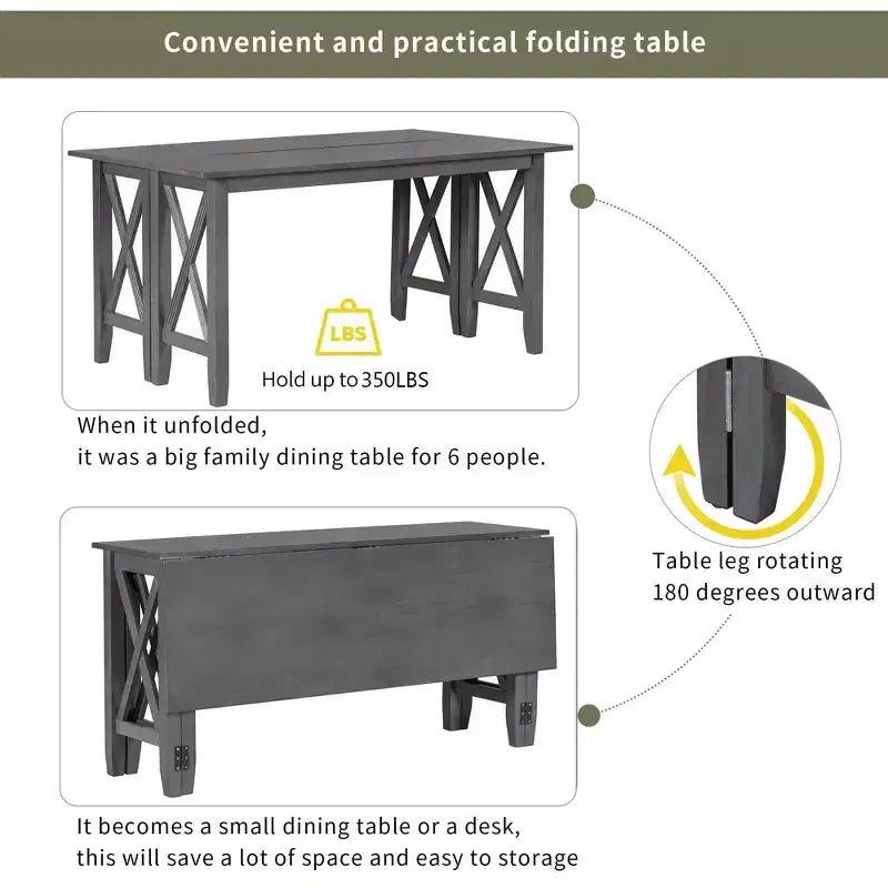 Table de salle à manger pliable 6 places avec 4 chaises et un banc